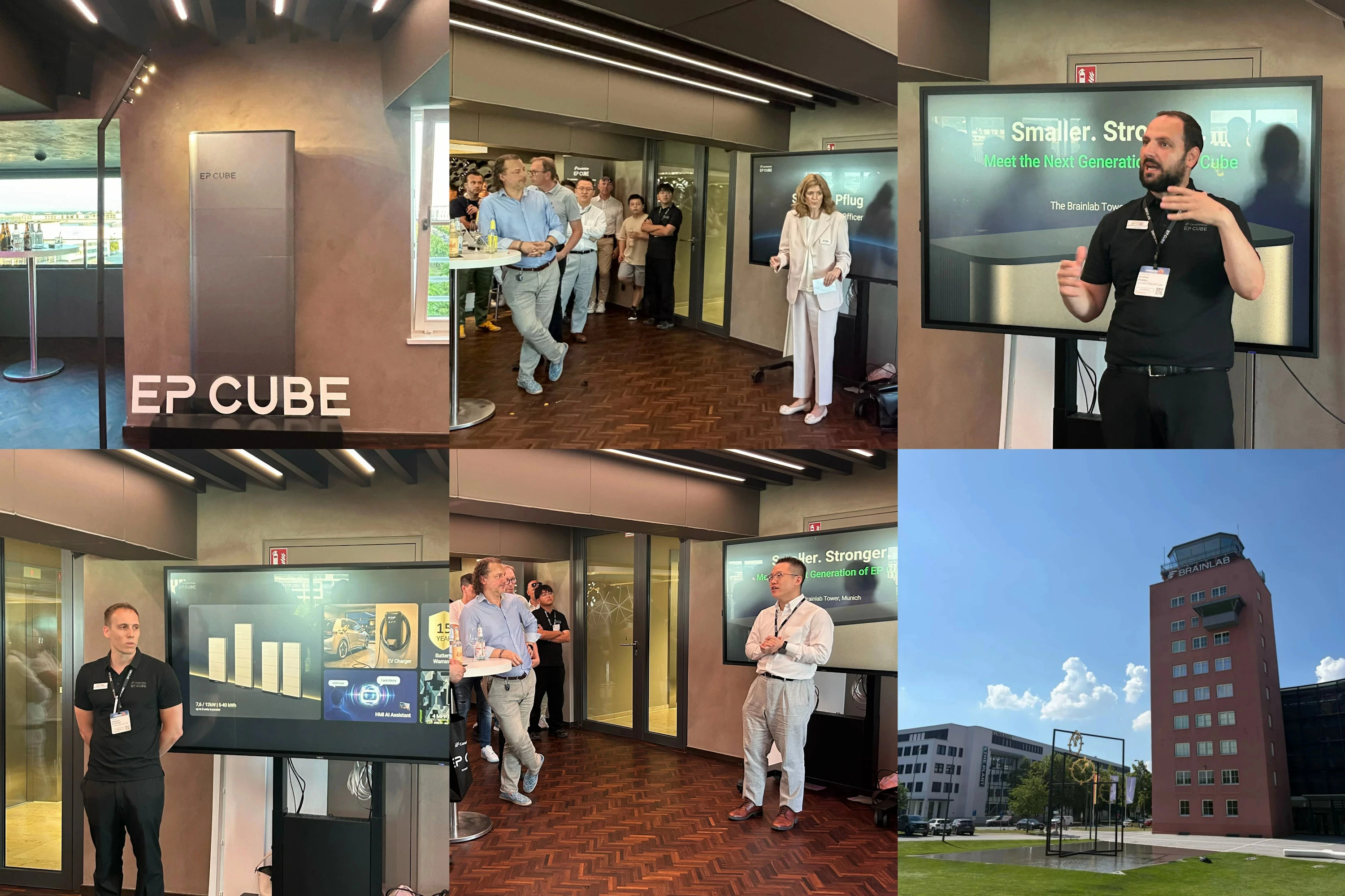 Photo collage showing EP Cube's new product launch event at Brainlab Tower Munich with presentations, attendees networking, EP Cube branded entrance, and exterior view of the Brainlab Tower 